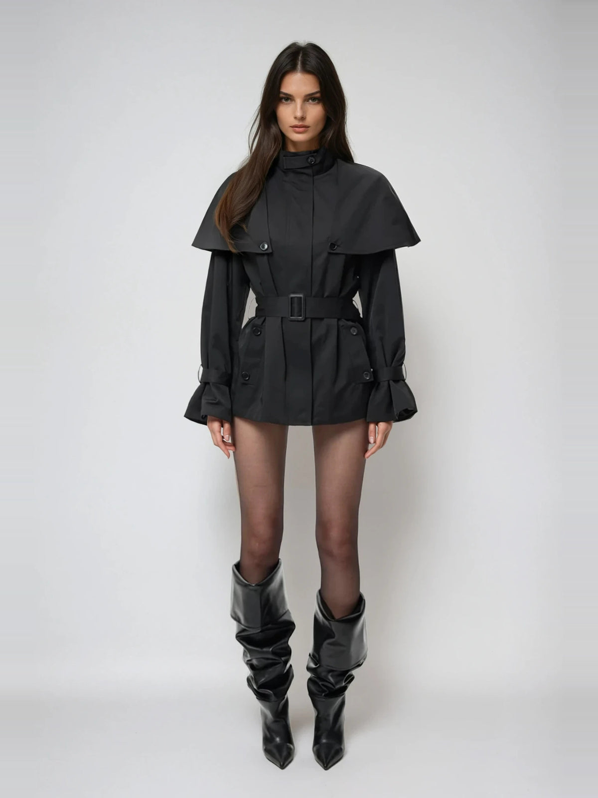 Davide Caped-Shoulder Belted Short Trench Coat - Black