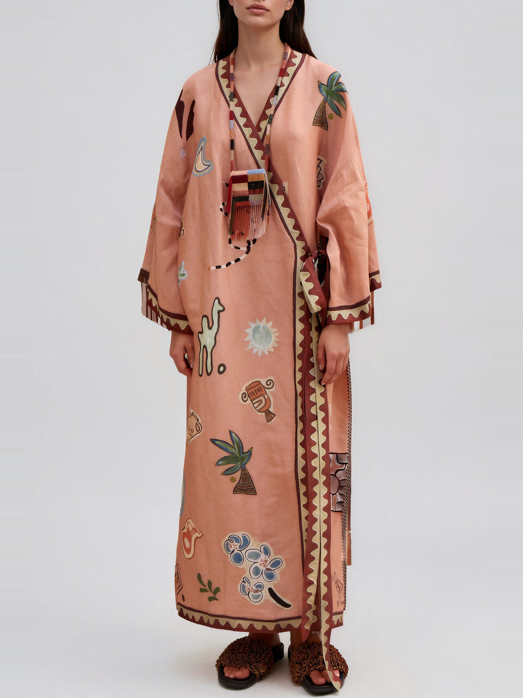 Kedem Long Sleeve Embroidery-Print Oversized Maxi Dress - Salmon — Svelte Chic
