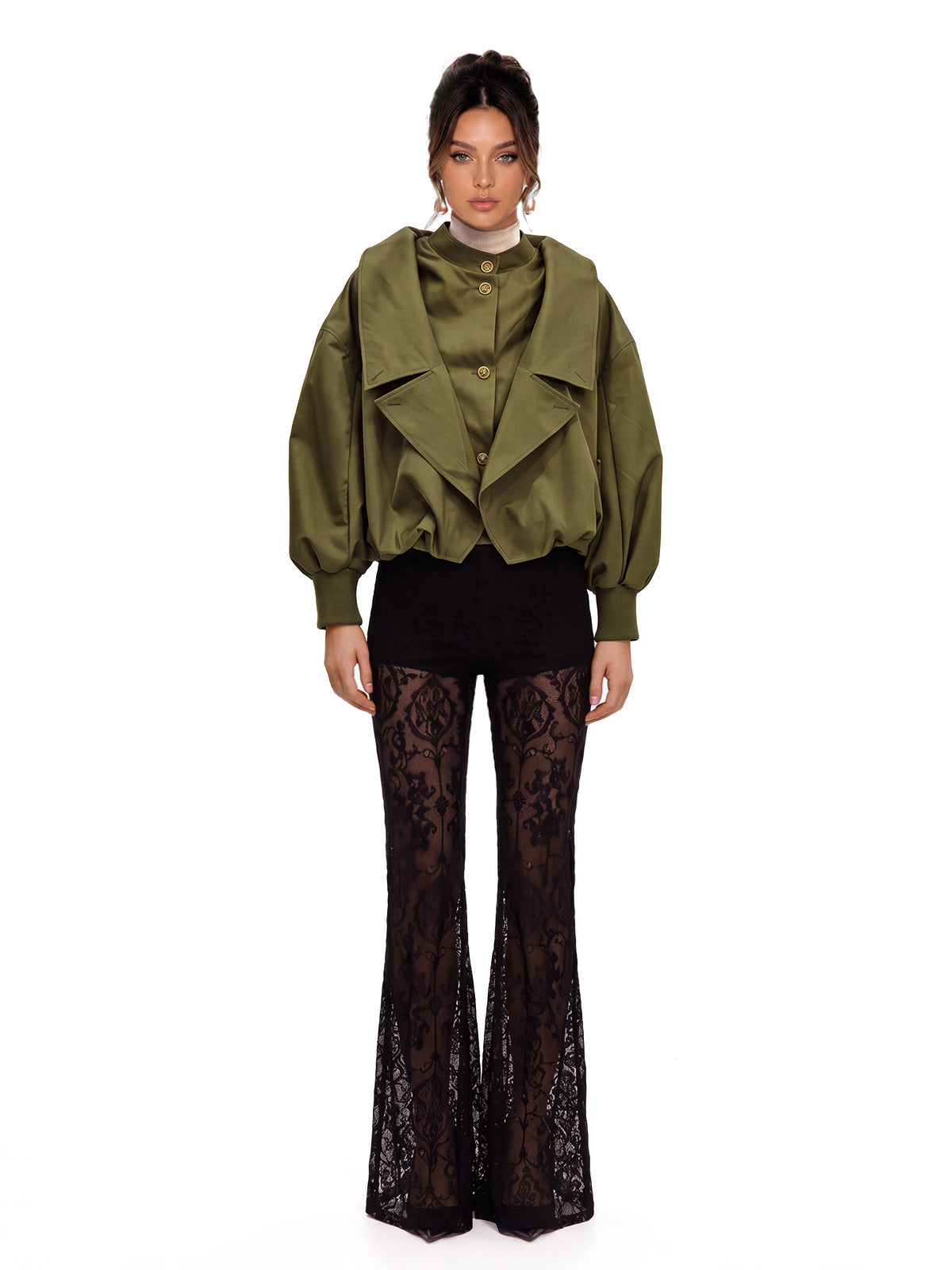 Kiora Balloon Sleeve Satin Bomber Jacket - Khaki — Svelte Chic