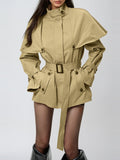Davide Caped-Shoulder Belted Short Trench Coat - Khaki