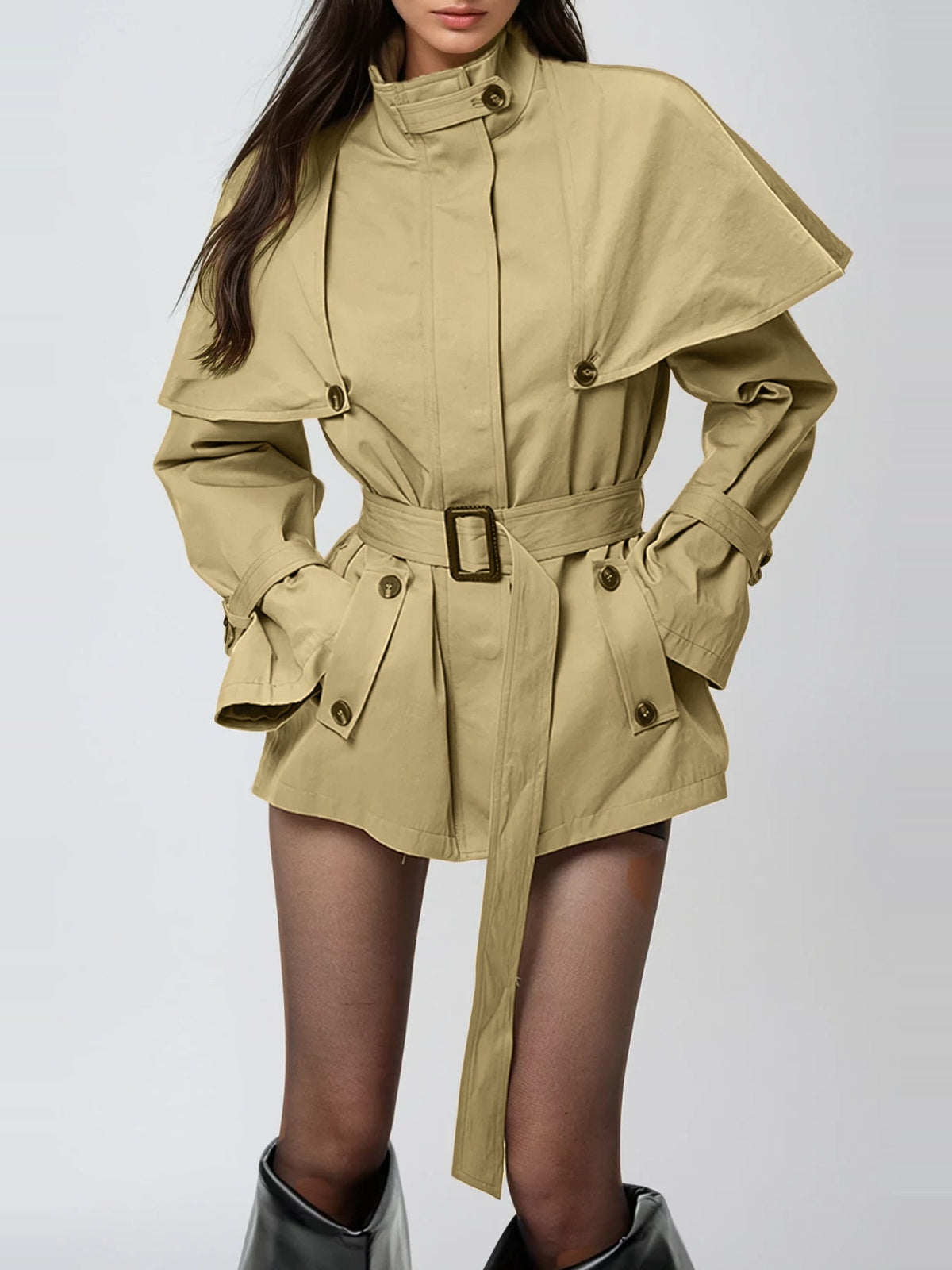 Davide Caped-Shoulder Belted Short Trench Coat - Khaki
