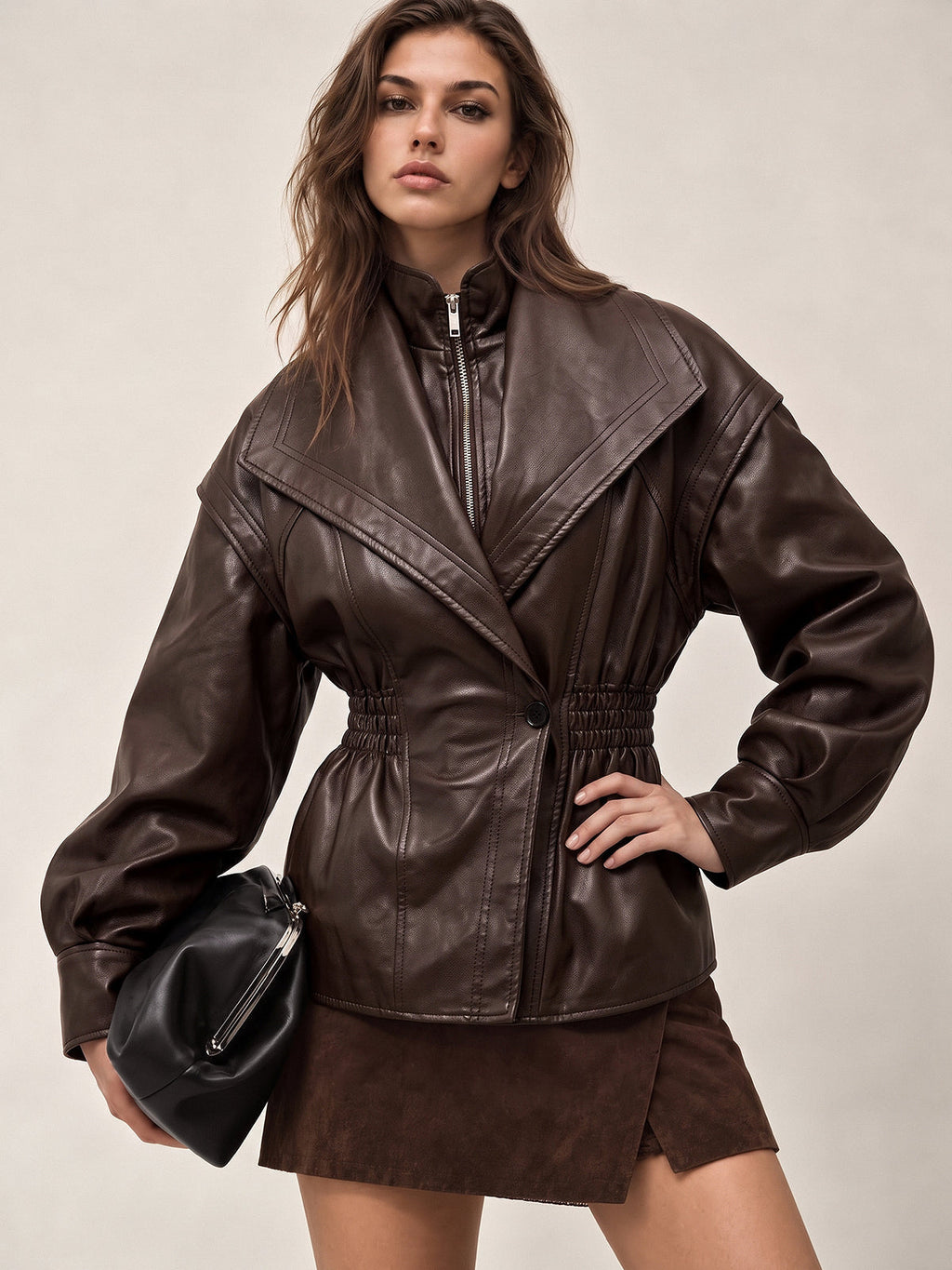 Cinched Waist Wide Lapel Faux Leather Jacket - Dark Brown — Svelte Chic