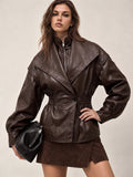 Cinched Waist Wide Lapel Faux Leather Jacket - Dark Brown — Svelte Chic