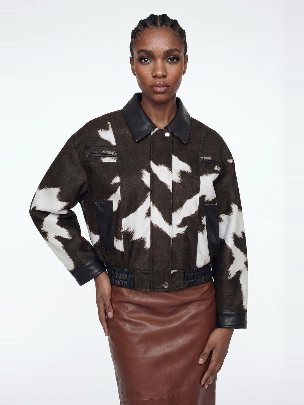 Elisabeta Cow Print Faux Leather Bomber Jacket - Brown — Svelte Chic