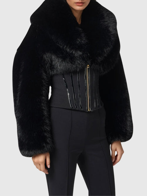 Davin Shawl Collar Corset Faux Fur Jacket - Black — Svelte Chic