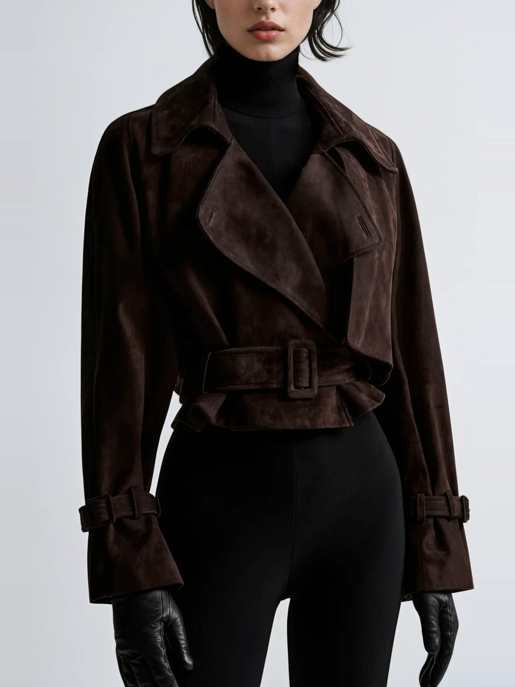 Chioma Wide-Lapel Buckled Suede Jacket - Chocolate — Svelte Chic
