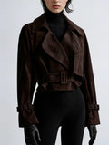 Chioma Wide-Lapel Buckled Suede Jacket - Chocolate — Svelte Chic