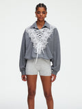 Madlenka Lace Tie-Front Collared Oversized Top - Grey — Svelte Chic