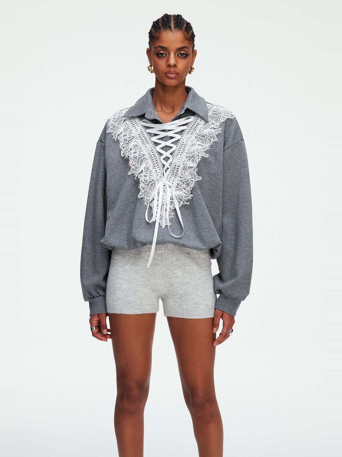 Madlenka Lace Tie-Front Collared Oversized Top - Grey — Svelte Chic