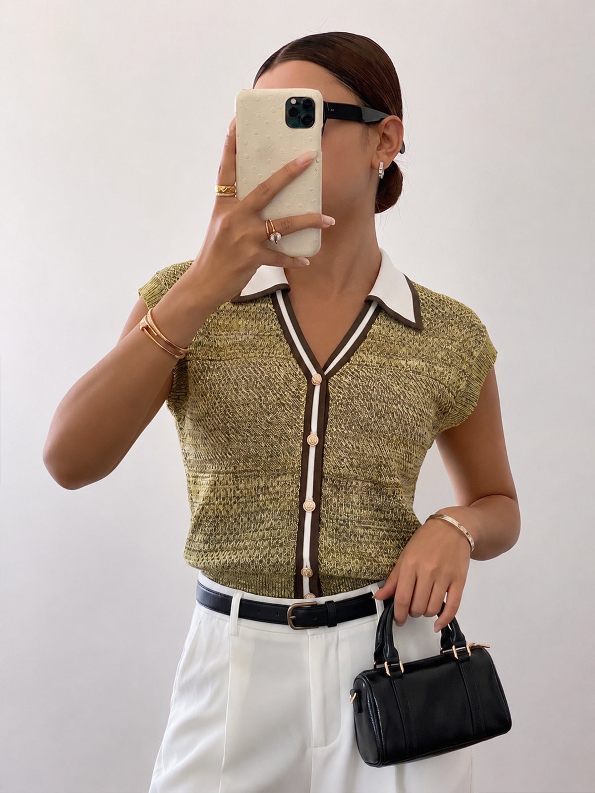 Contrast Trim Collared Textured Knit Top - Khaki — Svelte Chic