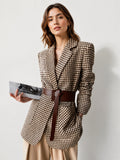 Houndstooth Belted Patch Pocket Blazer - Khaki — Svelte Chic