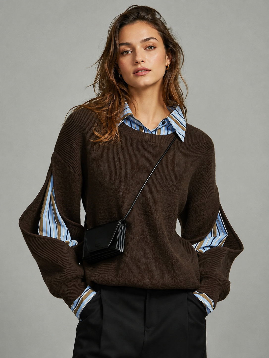 Shirt Layered Cutout Sleeve Ribbed Sweater - Dark Brown — Svelte Chic