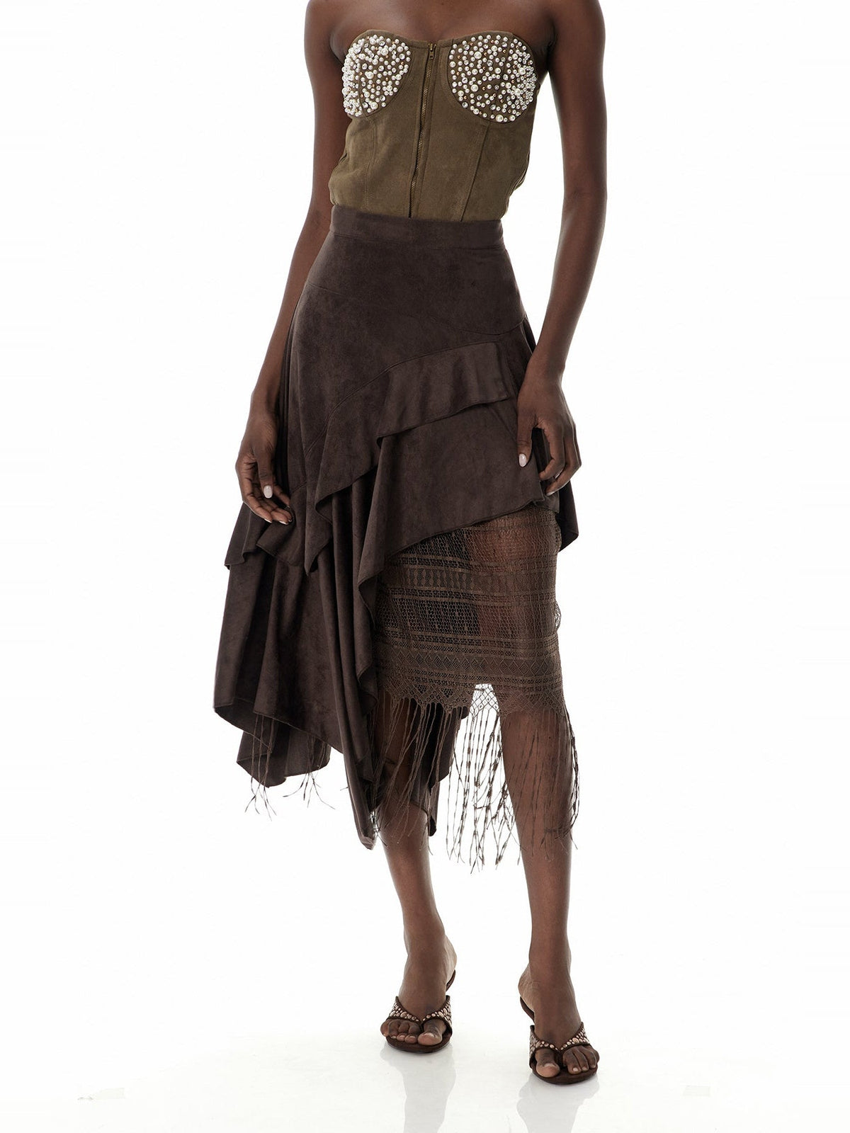 Cruz Tiered Ruffle Asymmetric Suede Maxi Skirt - Brown — Svelte Chic