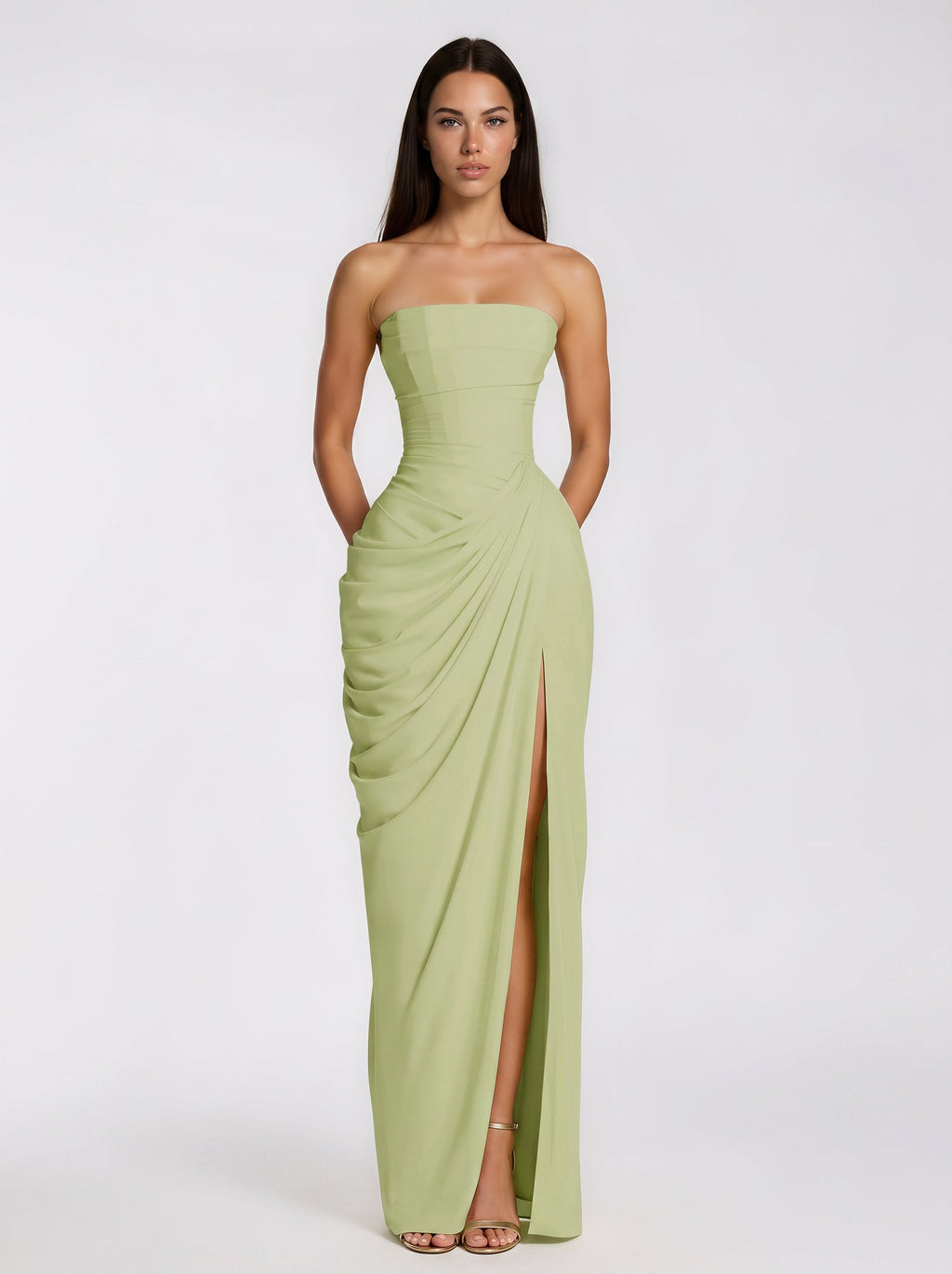 Safiya Draped Strapless Corset Maxi Dress in Sage Green — Svelte Chic
