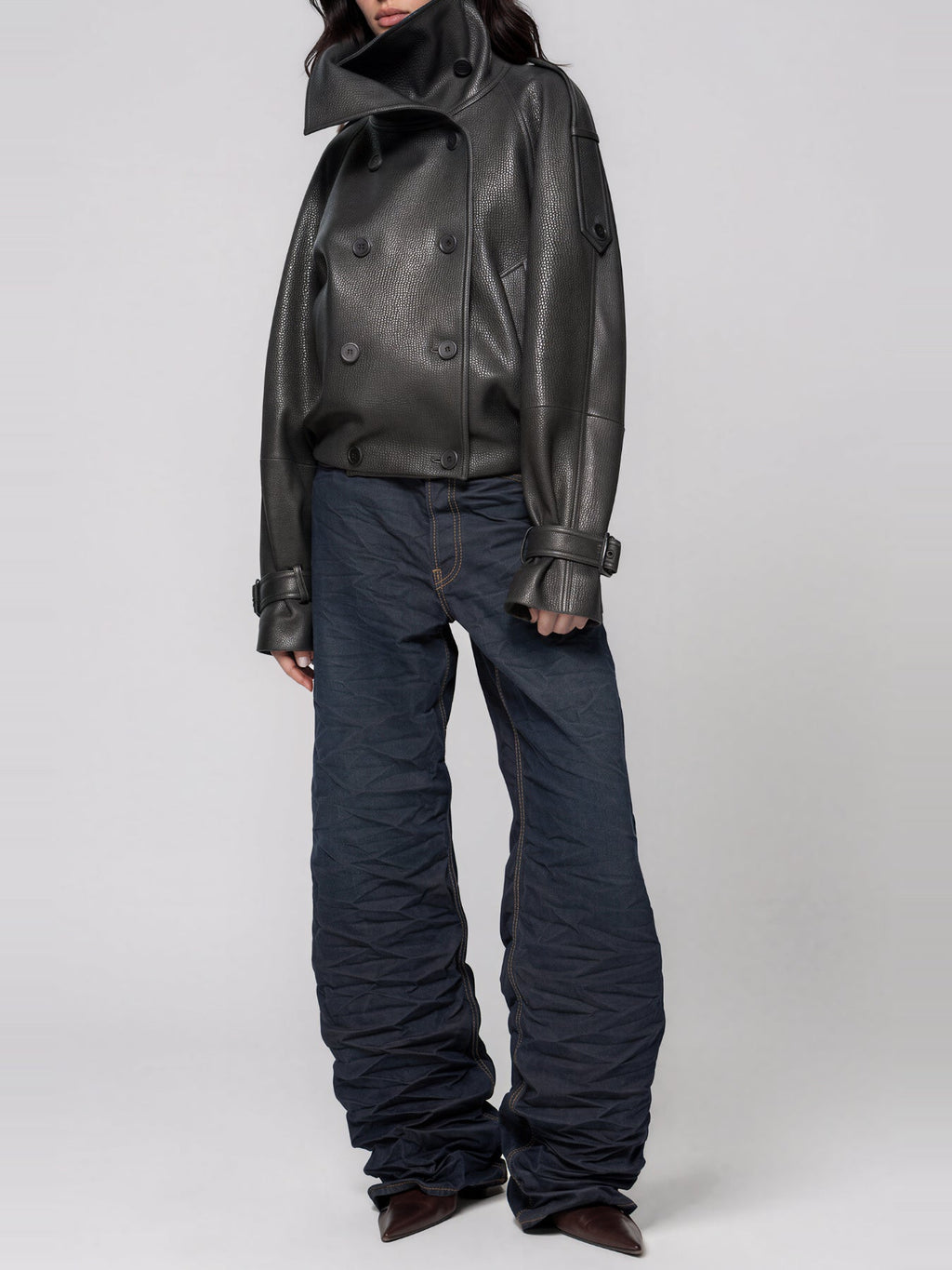 Khan Funnel Neck Leather-Look Double-Breasted Jacket - Grey — Svelte Chic