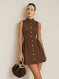 Stand Collar Metal Button Flared Mini Dress - Chocolate — Svelte Chic