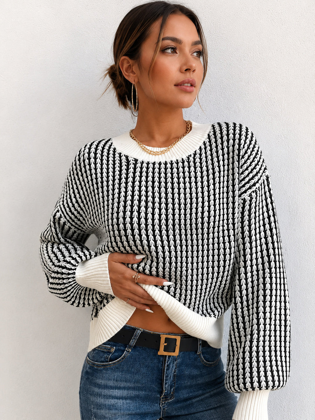 Color Block Striped Oversized Knit Sweater - Black — Svelte Chic