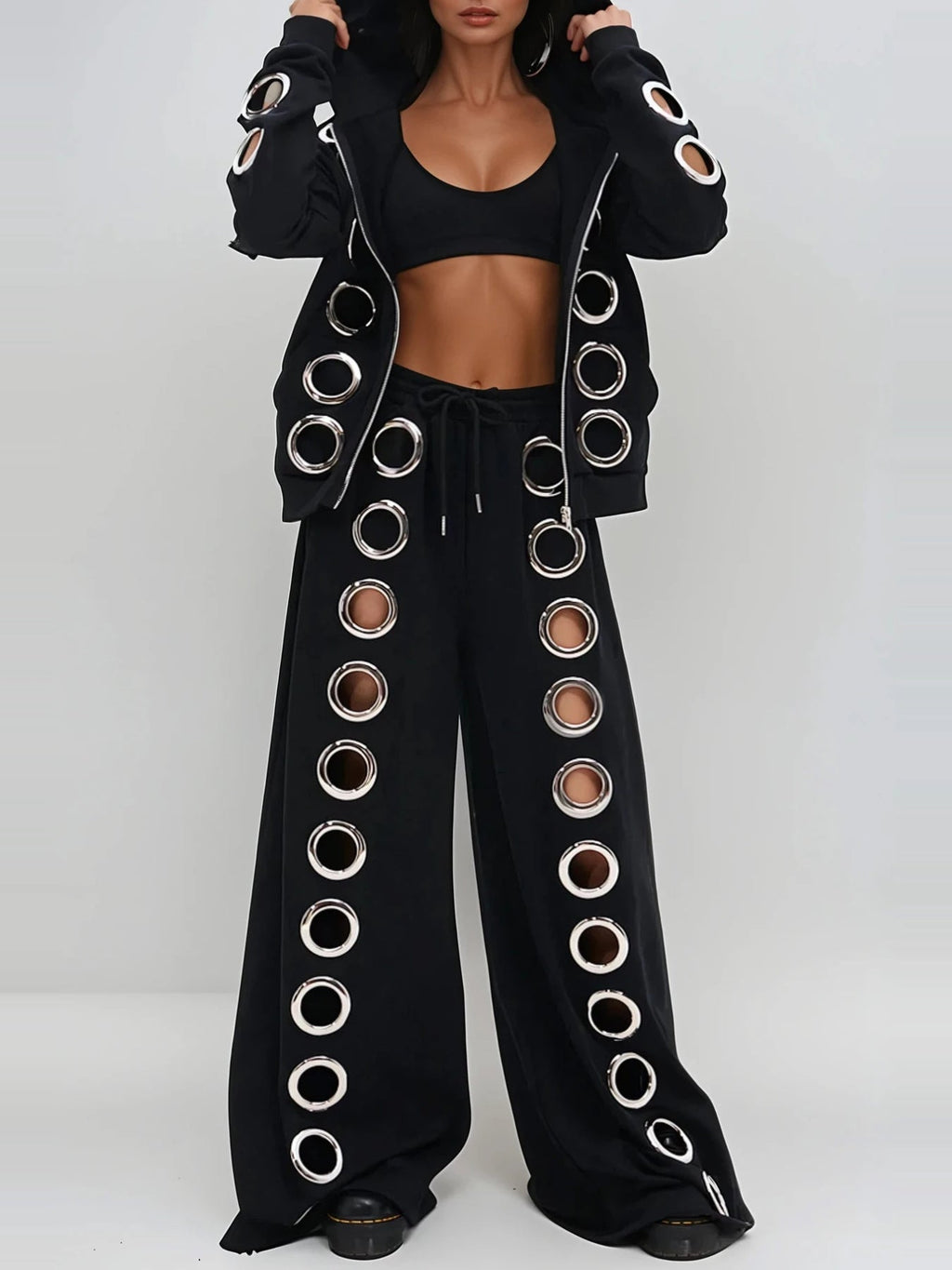 Daniyal Hooded Eyelet-Detail Pants Set - Black — Svelte Chic