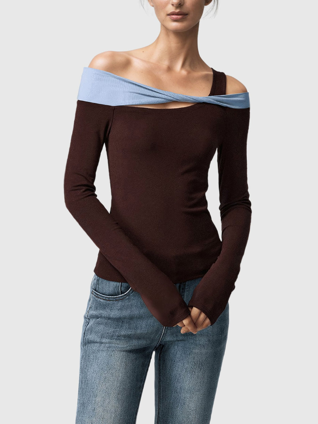 Tabitha Off-Shoulder Twist-Detail Bodycon Top - Chocolate — Svelte Chic