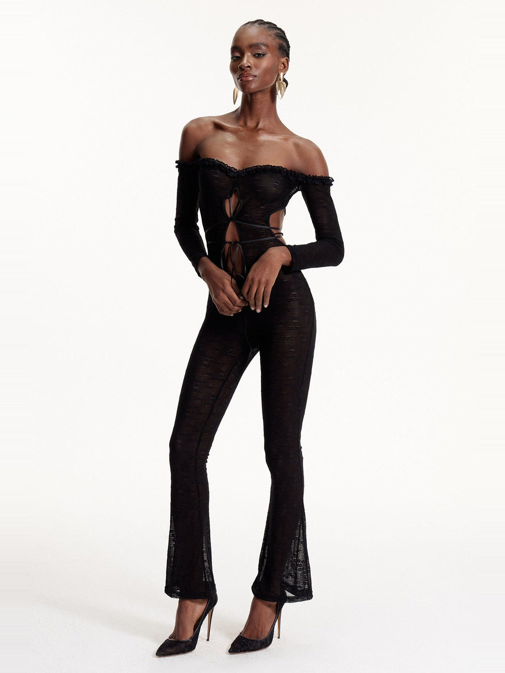 Elsabeth Off-Shoulder Lace Cutout Jumpsuit - Black — Svelte Chic