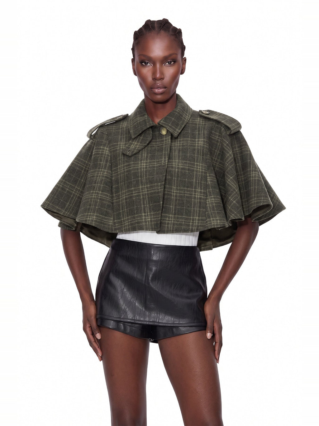 Kert Stand Collar Checked Cape Jacket - Khaki — Svelte Chic