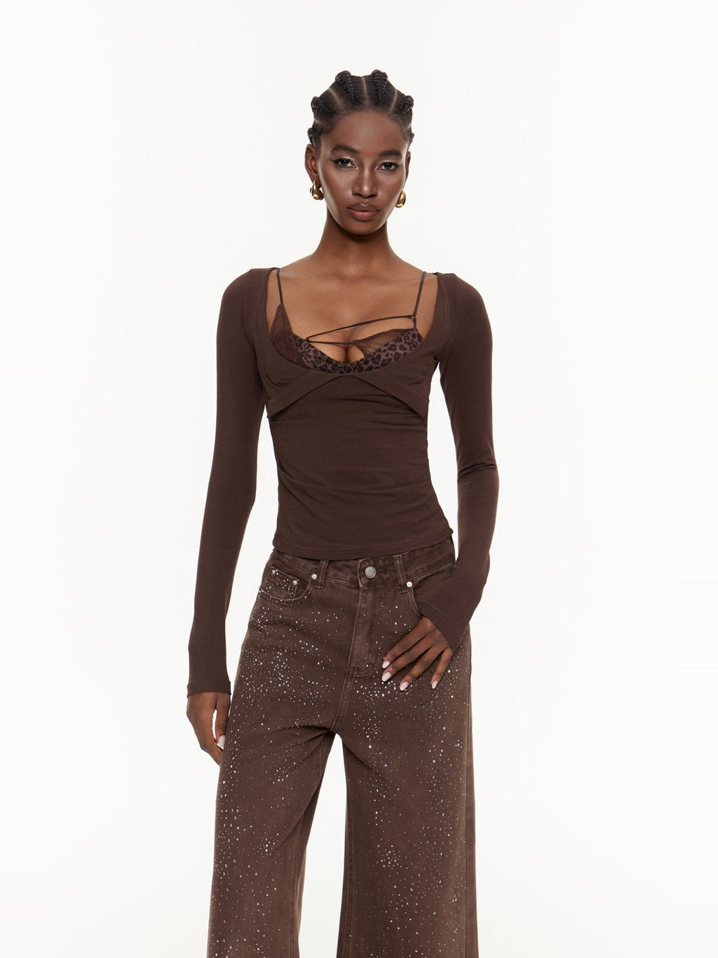 Eideard Leopard Lace Detail Long Sleeve Top - Chocolate — Svelte Chic