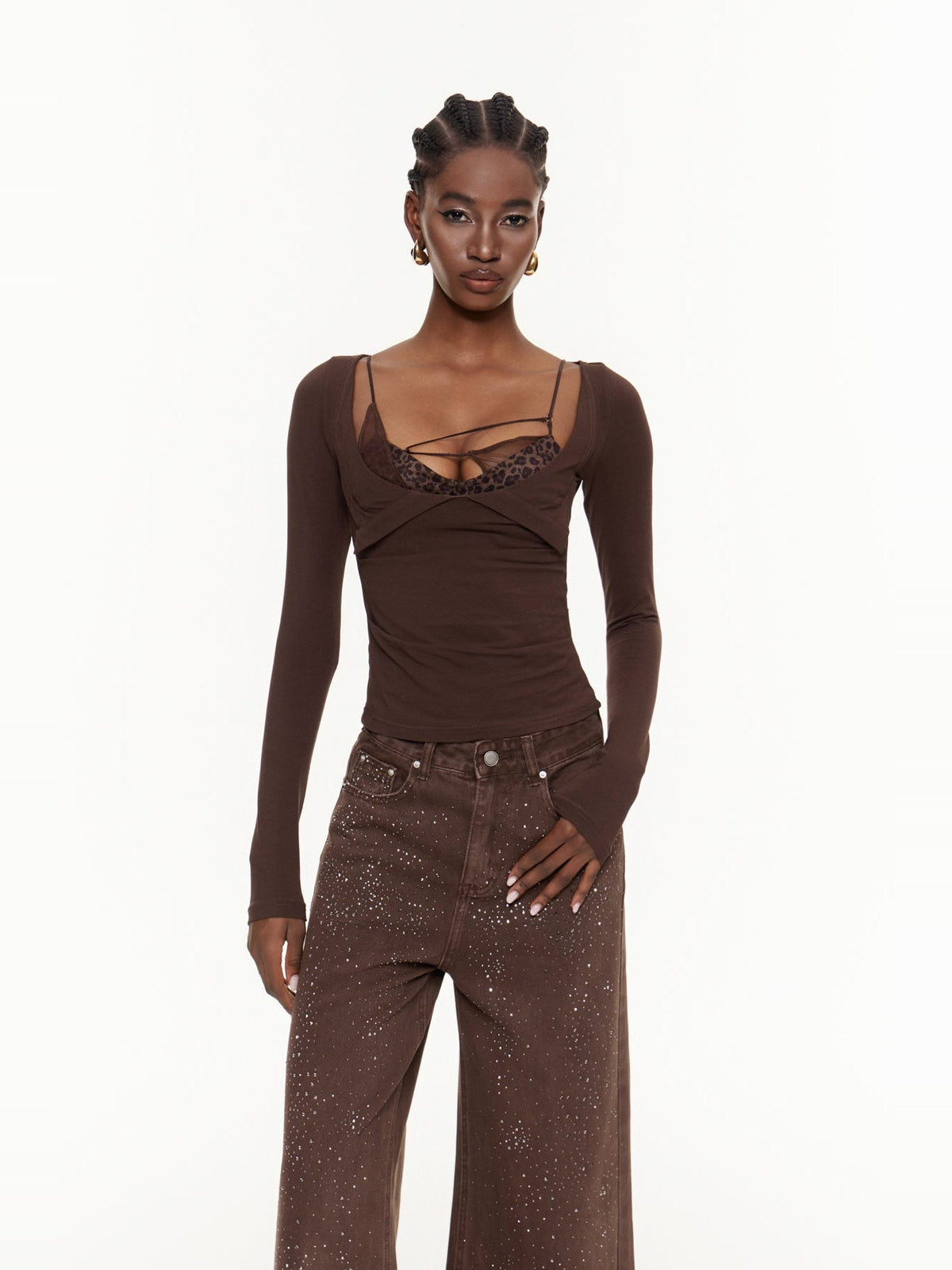 Eideard Leopard Lace Detail Long Sleeve Top - Chocolate — Svelte Chic