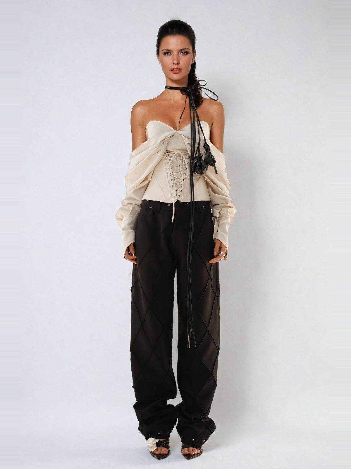 Ballad Off-Shoulder Lace-Up Corset Top in Kayısı — Svelte Chic