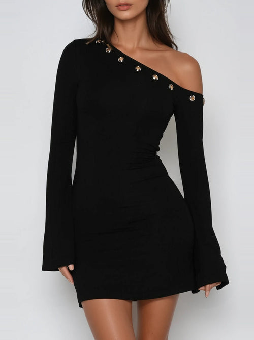Dareios One-Shoulder Button-Detail Mini Dress - Black — Svelte Chic