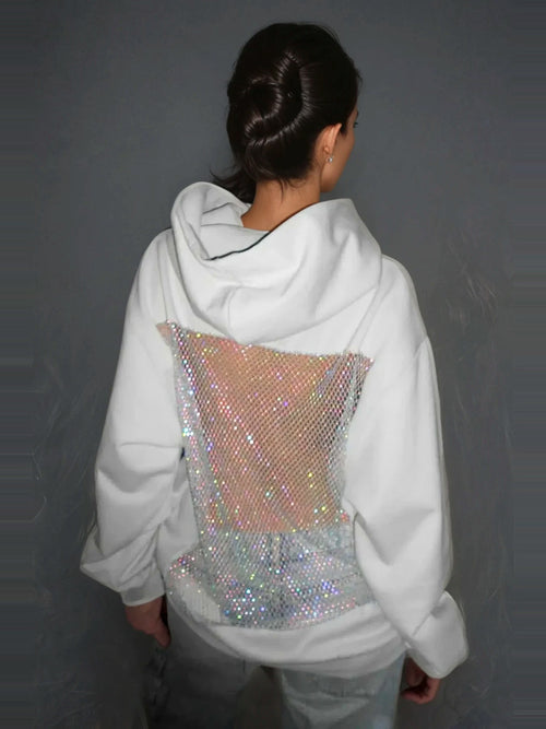 Dazhbog Hooded Rhinestone Mesh Panel Top - White — Svelte Chic
