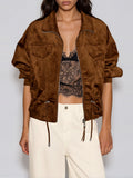 Ivah Suede-Look Drawstring Zip Jacket - Brown — Svelte Chic