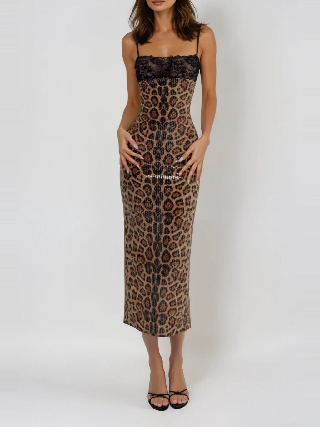 Dikla Spaghetti Strap Sequin Leopard Maxi Dress - Brown — Svelte Chic