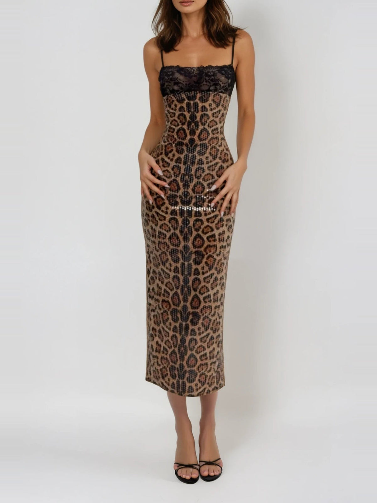 Dikla Spaghetti Strap Sequin Leopard Maxi Dress - Brown — Svelte Chic
