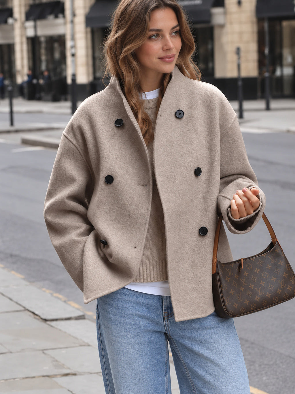 Oversized Double-Breasted Cropped Jacket in Brown — Svelte Chic