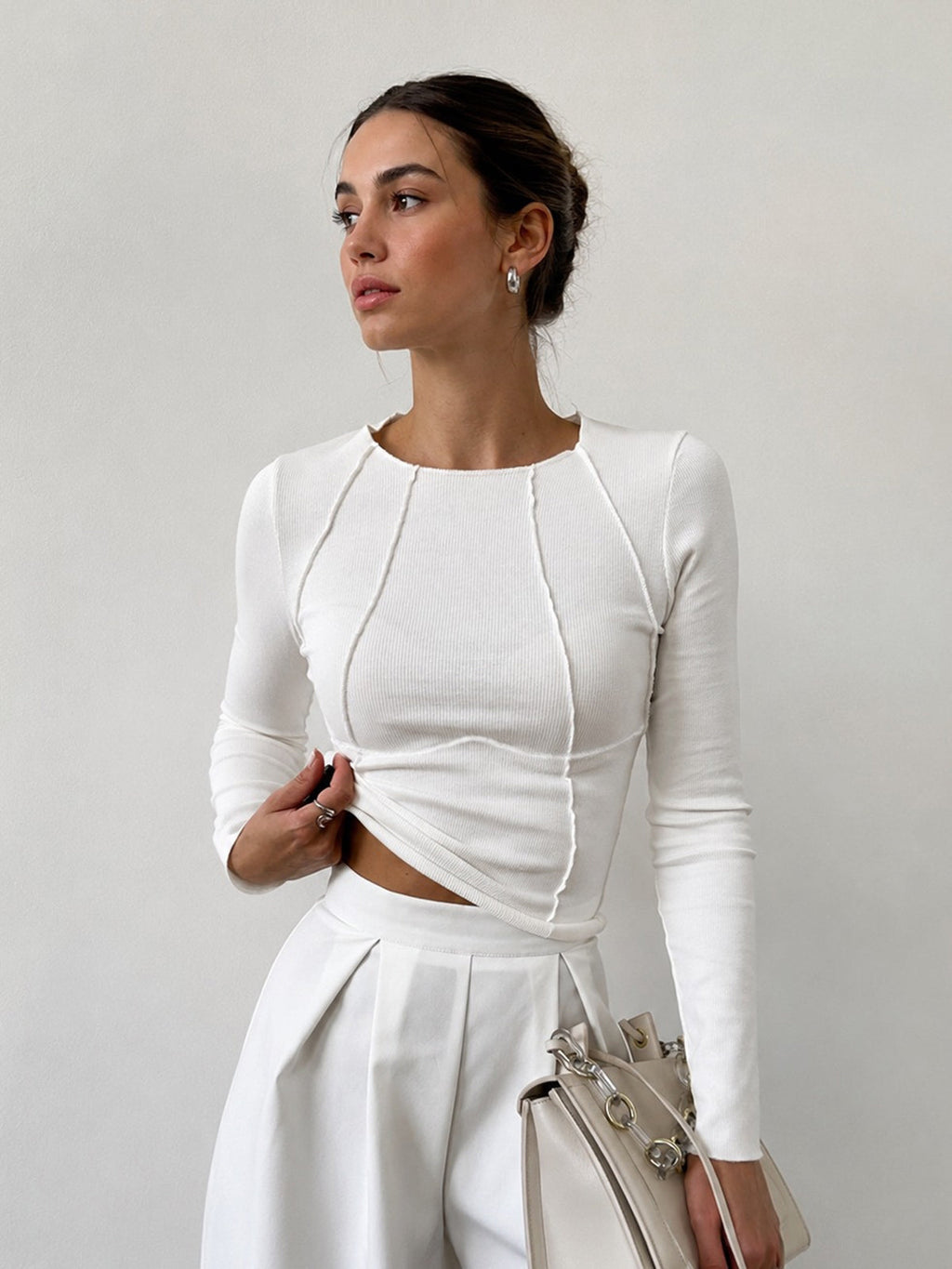 Piping Detail Ribbed Long Sleeve Top in Off-White — Svelte Chic