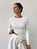 Piping Detail Ribbed Long Sleeve Top in Off-White — Svelte Chic