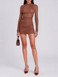 Ivaana Long Sleeve Draped Mesh Mini Dress - Brown — Svelte Chic