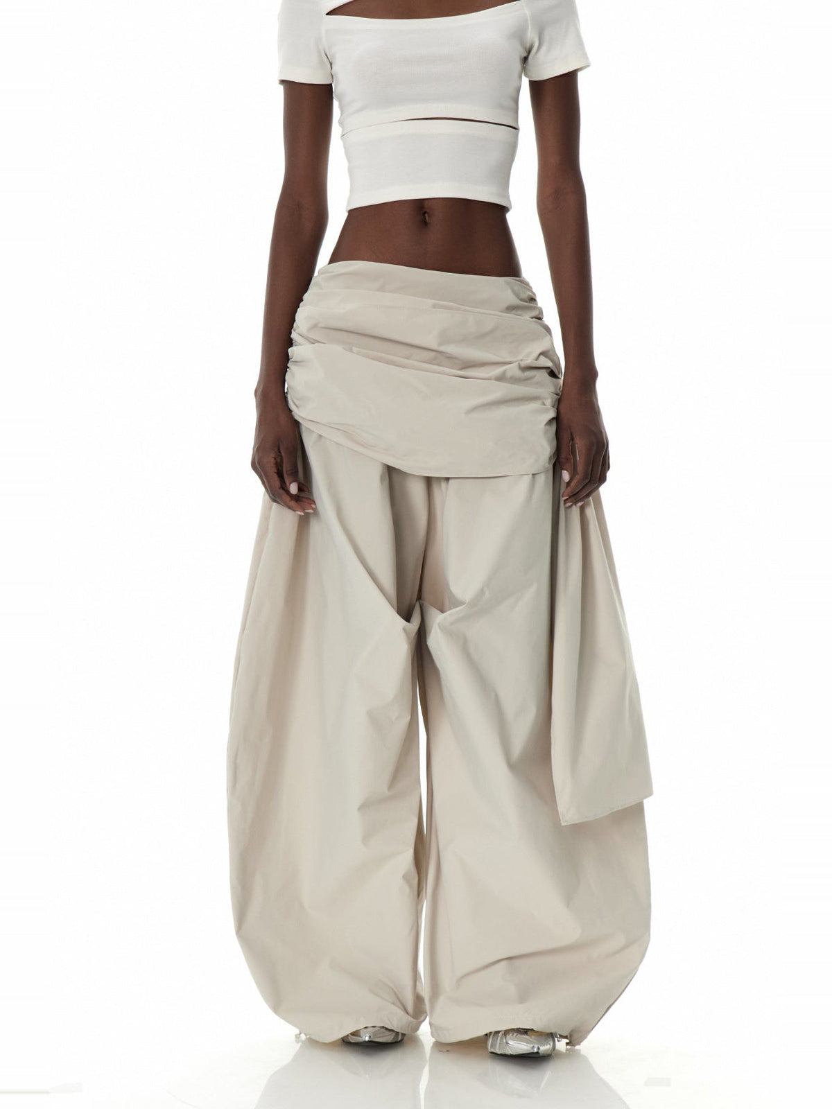 Clarity Ruched Asymmetric Wide-Leg Pants - Beige — Svelte Chic