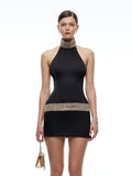Brenda Rhinestone Halterneck Open-Back Mini Dress - Black — Svelte Chic