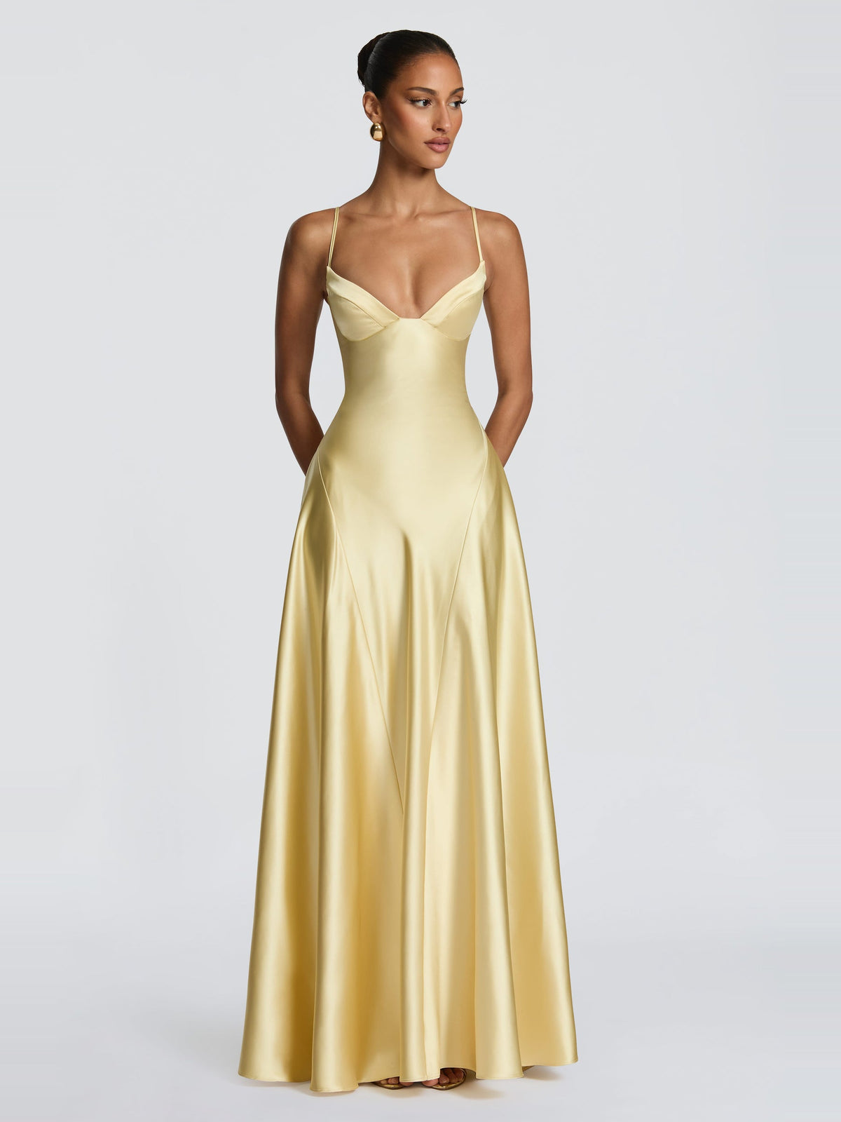 Asterin Strappy Plunge Corset Back Satin Maxi Dress — Svelte Chic