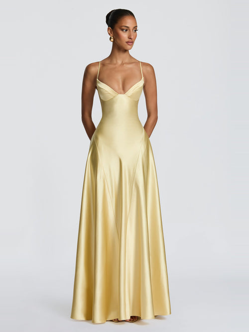 Asterin Strappy Plunge Corset Back Satin Maxi Dress — Svelte Chic
