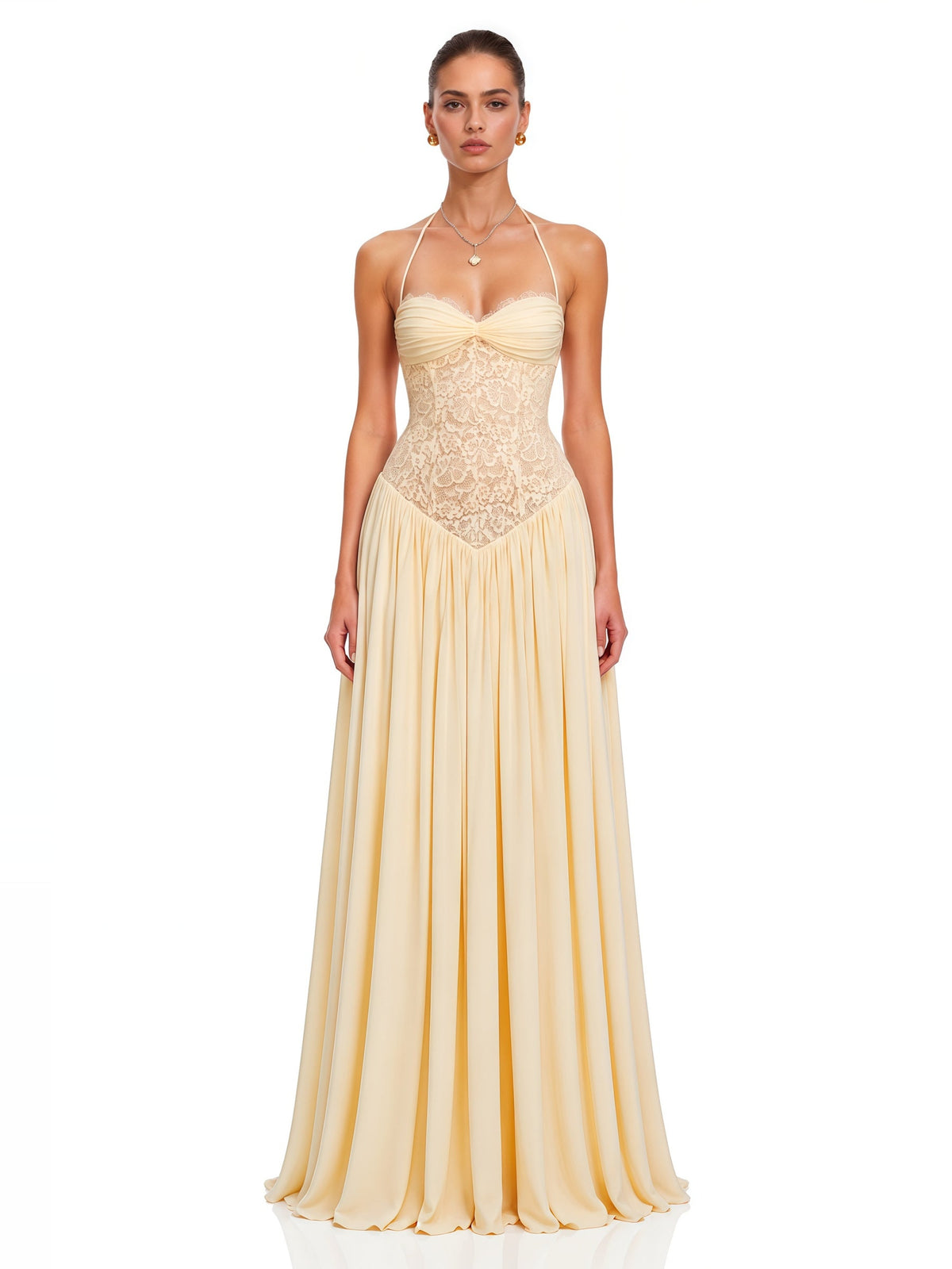 Joelle Halter Lace Corset Maxi Dress in Yellow — Svelte Chic