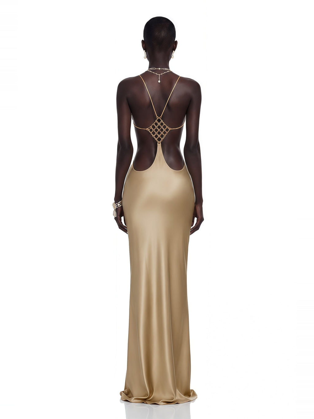 Loviatar Open Back Crystal Satin Maxi Gown — Svelte Chic