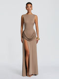 Bruna High Neck Open Back Jersey Maxi Dress with Slit — Svelte Chic