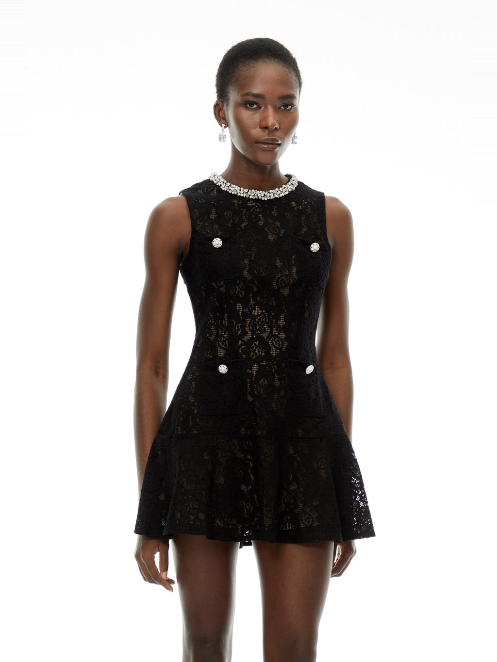 Mirabella Crew-Neck Floral Lace Sleeveless Mini Dress - Black — Svelte Chic