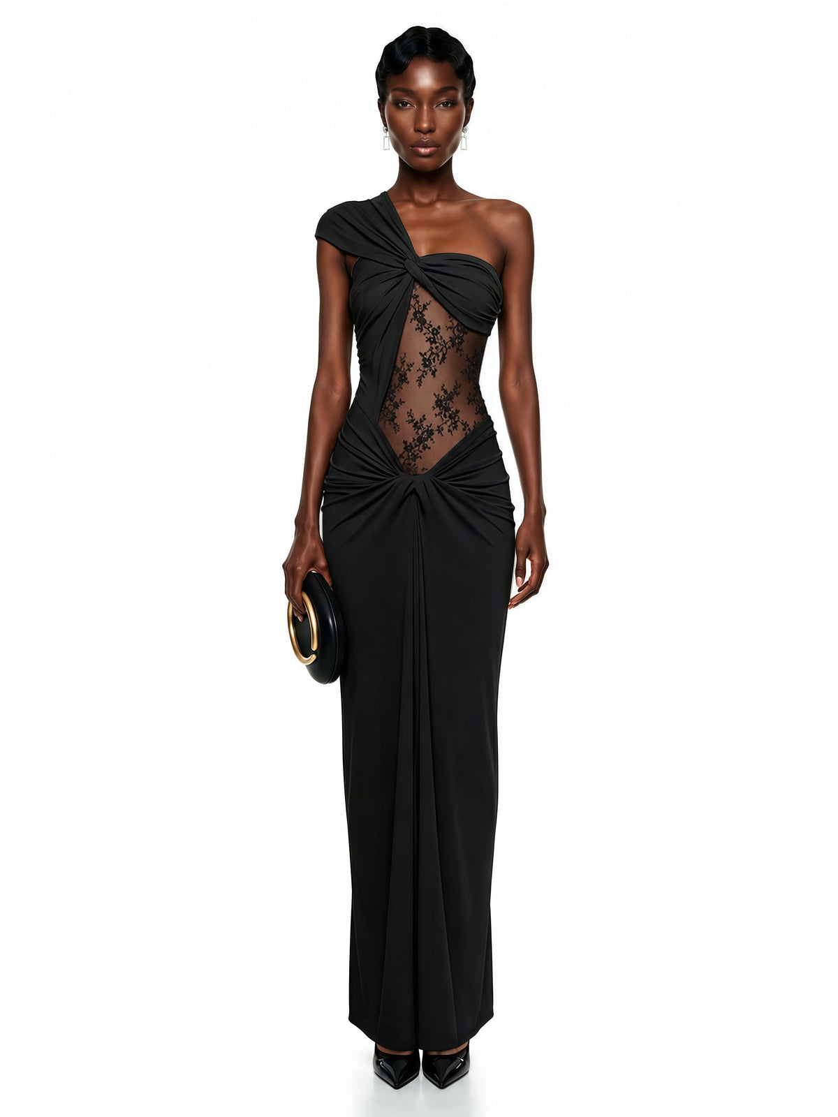 Tai One Shoulder Floral Lace Maxi Dress in Black — Svelte Chic