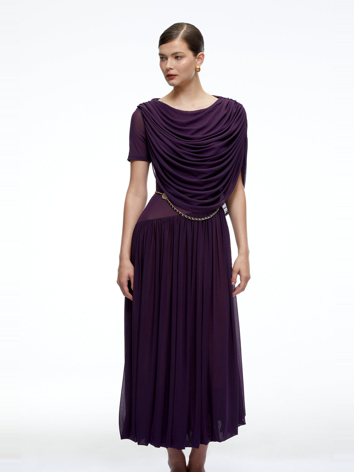 Lysiane Pleated Cowl Neck Midi Dress — Svelte Chic