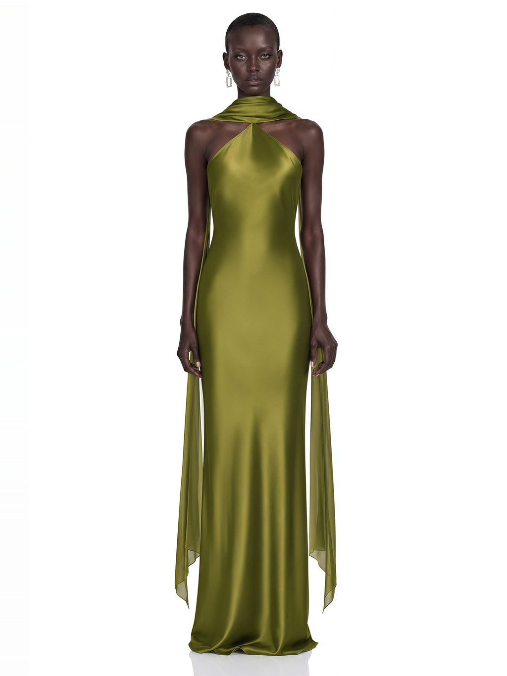 Rowena Scarf-Detail Draped Halterneck Maxi Dress - Olive Green — Svelte Chic