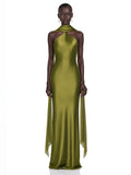 Rowena Scarf-Detail Draped Halterneck Maxi Dress - Olive Green — Svelte Chic