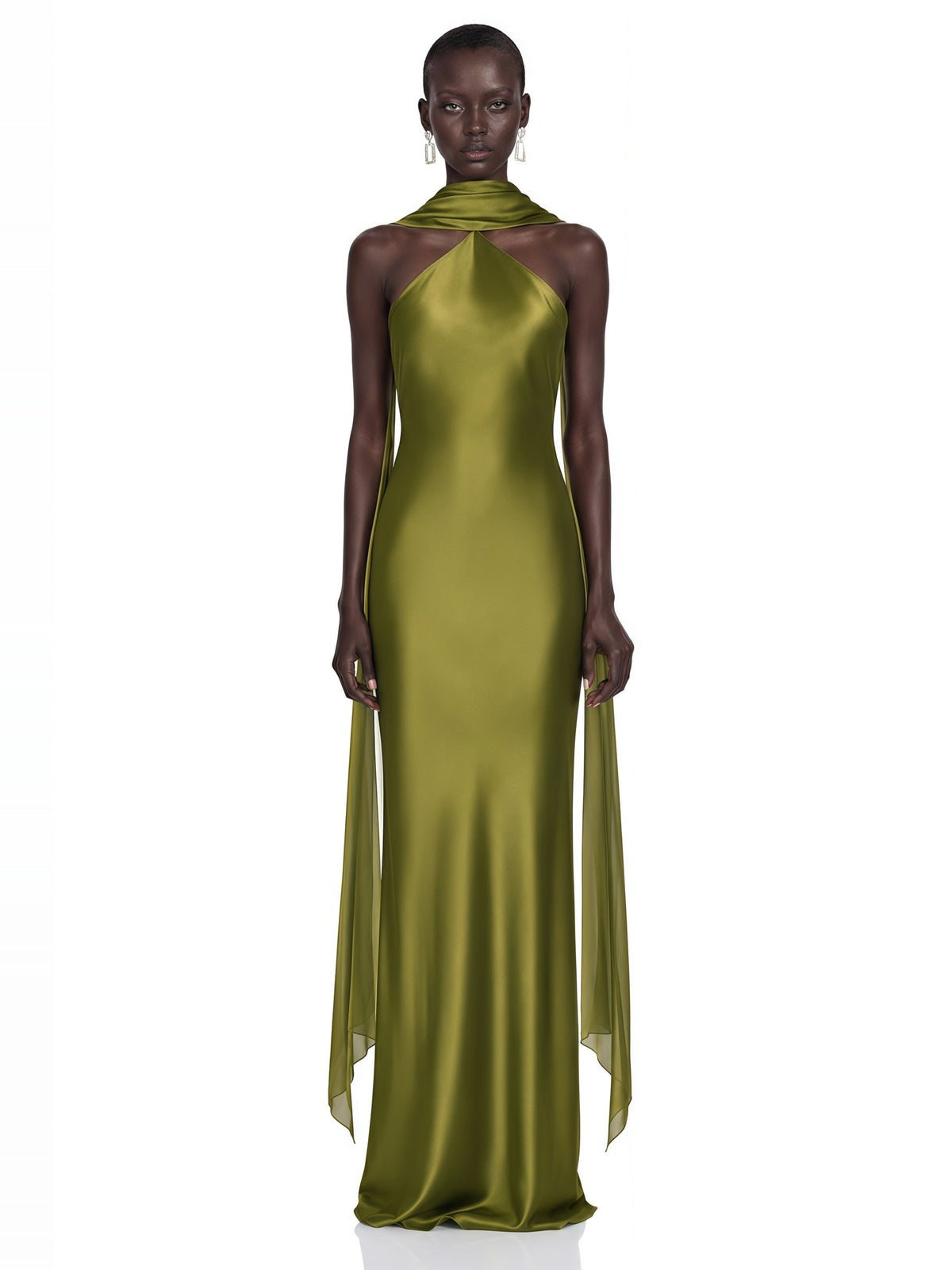 Rowena Scarf-Detail Draped Halterneck Maxi Dress - Olive Green — Svelte Chic